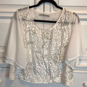White velvet floral burn-out Top with silver bugle bead decoration